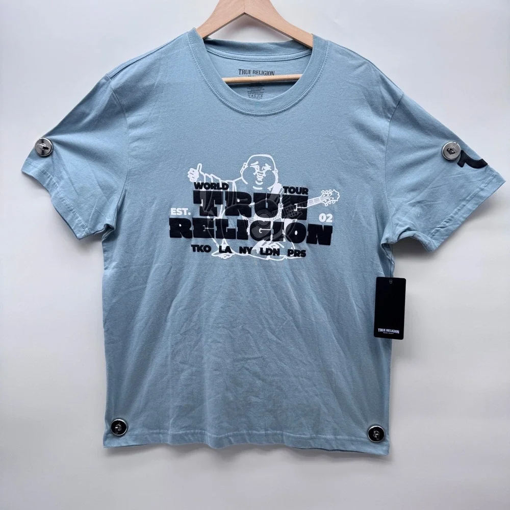 True Religion Blocky Puff Tee Arona Blue Buddha World Tour Shirt 700969 Mens M